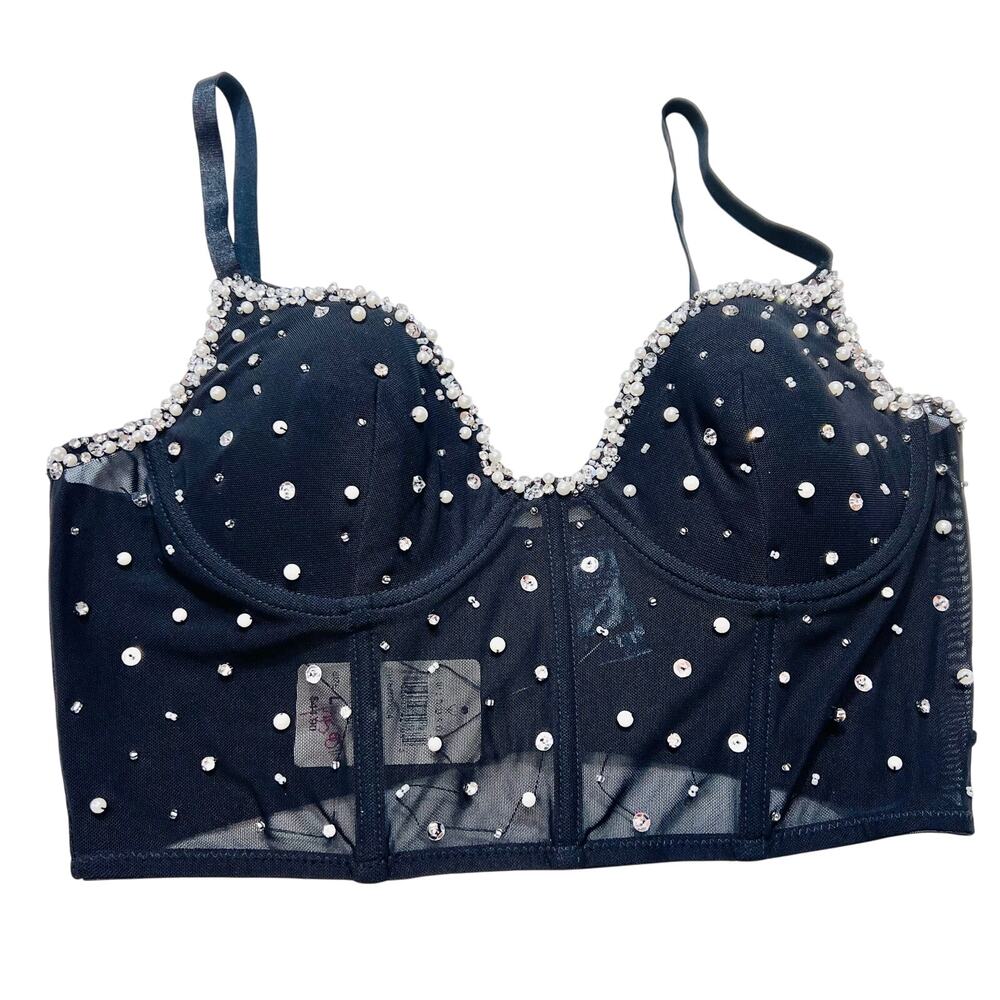 Windsor Halter Corset Top Large Black Spaghetti Strap Pearls Rhinestones New